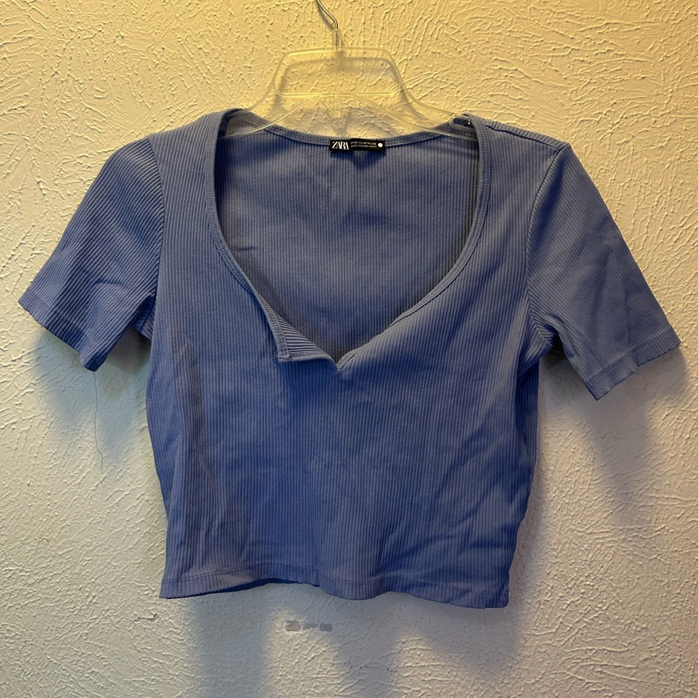 Zara Women's Light Blue Ribbed Crop Top